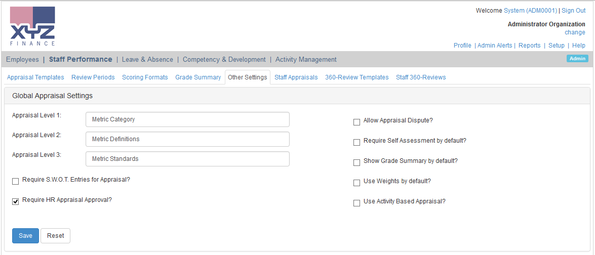 Global Appraisal Settings